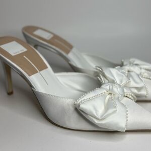 Dolce Vita White Satin Knot Mule with Pearl Bead Trim